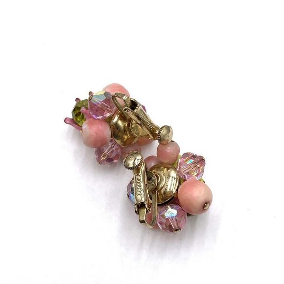 VENDOME Enamel & PINK Rhinestone FLOWER Clip Earrings Clip Ons Vintage Signed - Picture 4 of 7